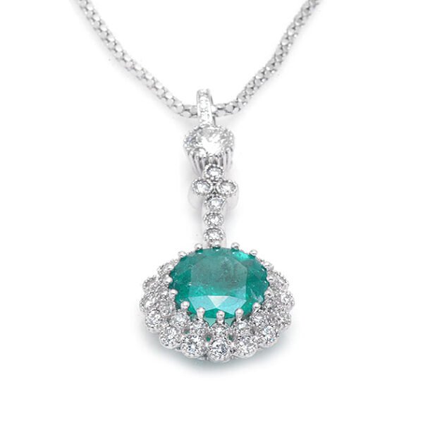 Exquisite 18K White Gold Pendant with Diamonds and Colombian Emerald