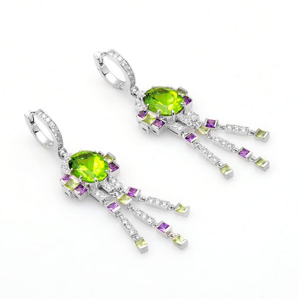 18K White Gold Diamond, Peridot, and Amethyst Earrings - Image 2