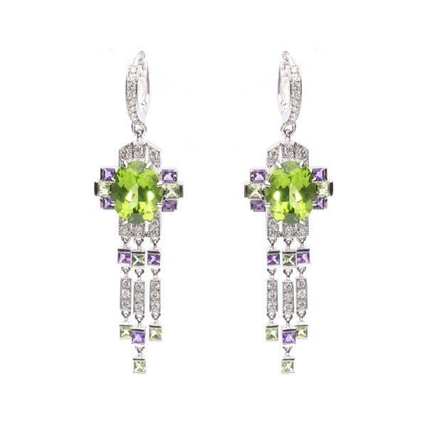 18K White Gold Diamond, Peridot, and Amethyst Earrings - Image 3