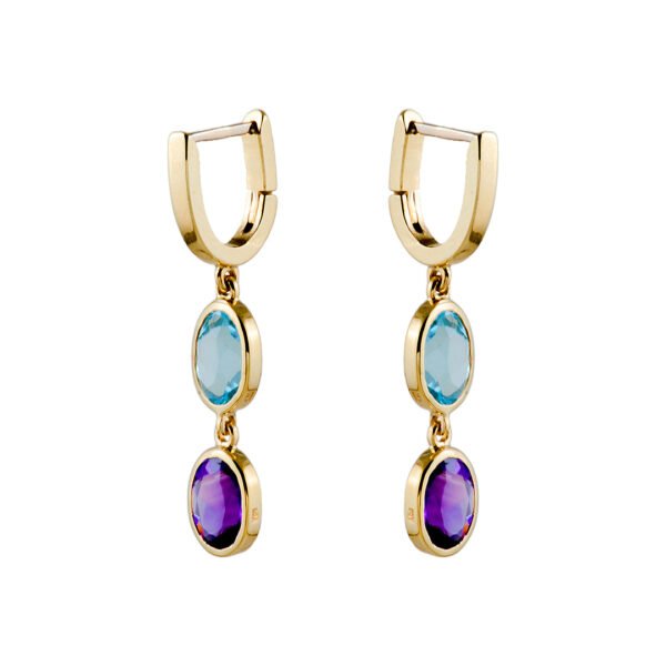 Gold, Blue Topaz, and Amethyst Earrings