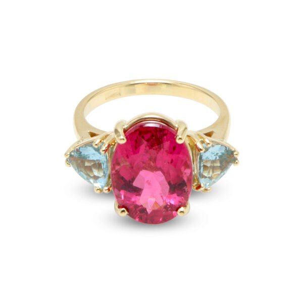 18K Yellow Gold Aquamarine and Tourmaline Ring - Image 3