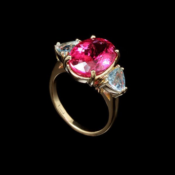 18K Yellow Gold Aquamarine and Tourmaline Ring - Image 4