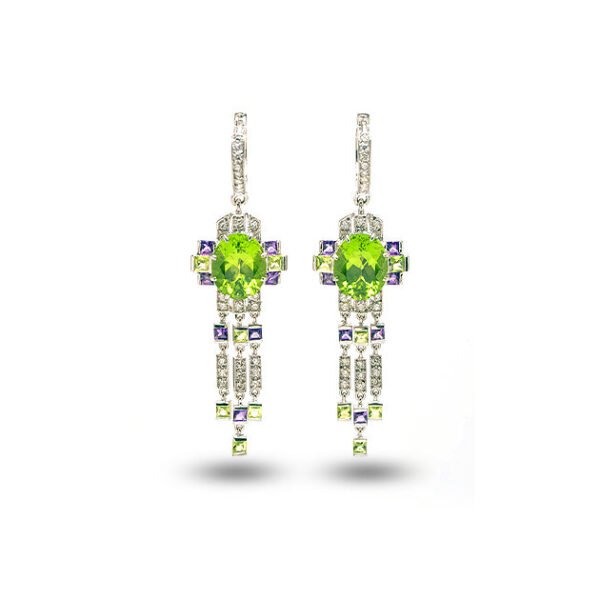 18K White Gold Diamond, Peridot, and Amethyst Earrings