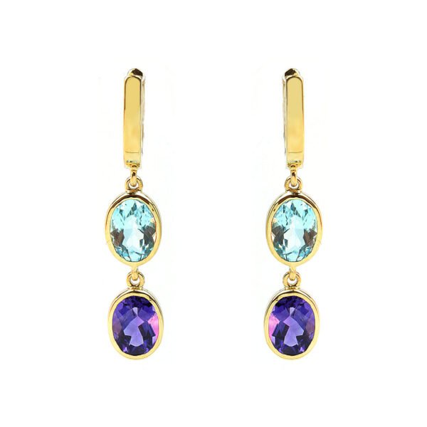 Gold, Blue Topaz, and Amethyst Earrings - Image 2