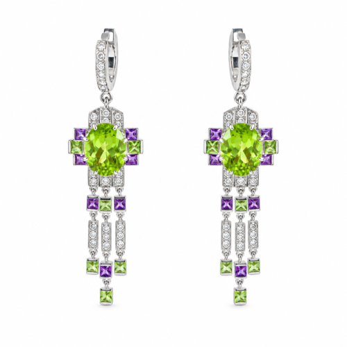 18K White Gold Diamond Peridot and Amethyst Earrings