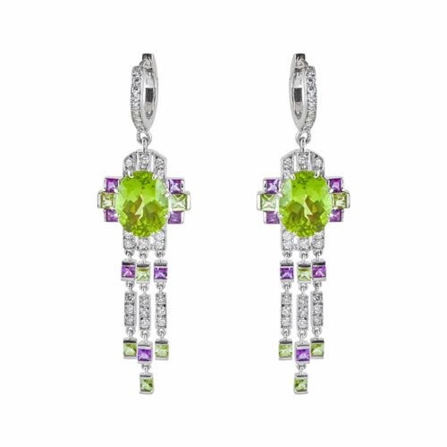 18K White Gold Diamond, Peridot, and Amethyst Earrings
