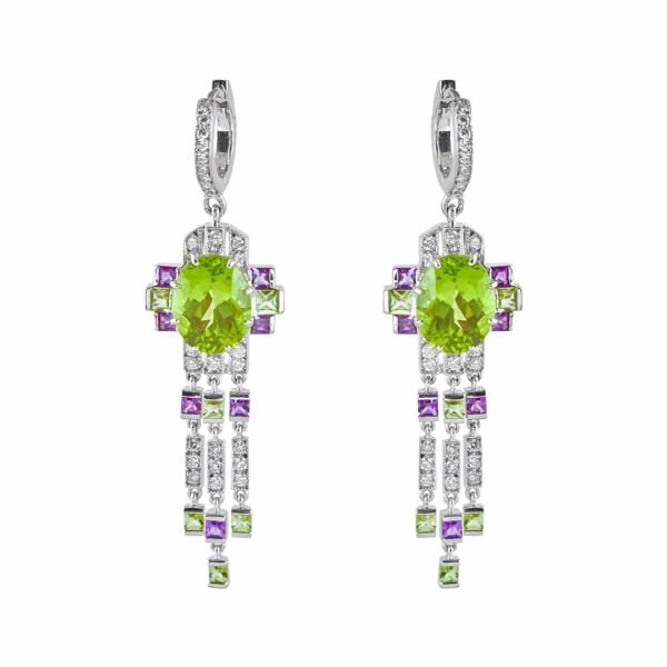 18K White Gold Diamond, Peridot, and Amethyst Earrings