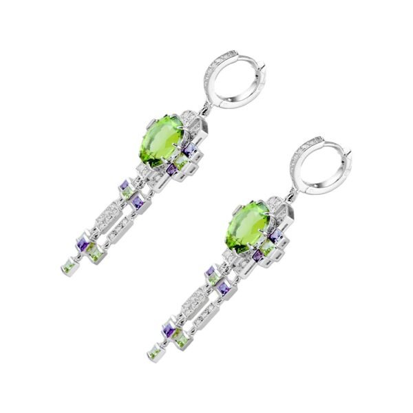 18K White Gold Diamond, Peridot, and Amethyst Earrings - Image 3