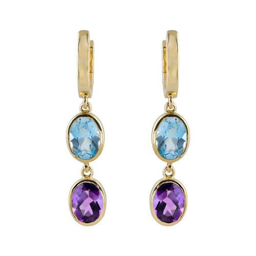 18K Yellow Gold Blue Topaz and Amethyst Earrings
