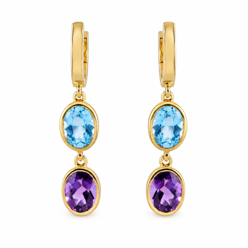 18K Yellow Gold Blue Topaz and Amethyst Earrings