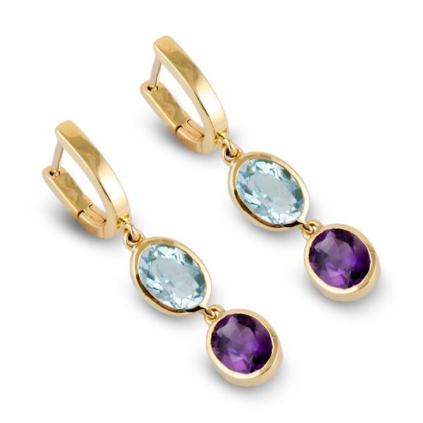 18K Yellow Gold Blue Topaz and Amethyst Earrings - Image 3