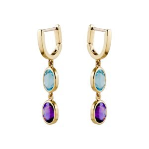 18K Yellow Gold Blue Topaz and Amethyst Earrings