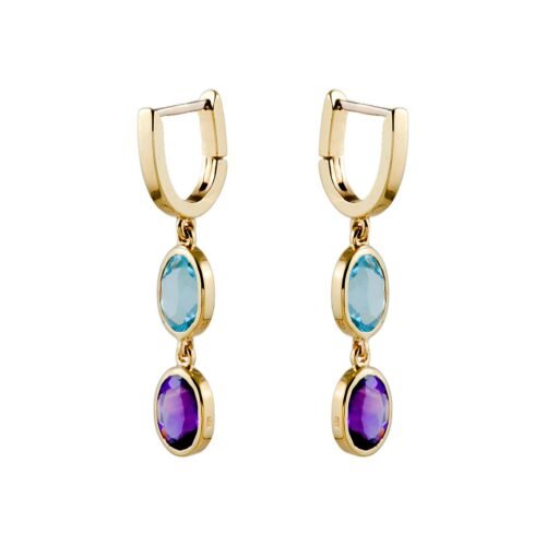 18K Yellow Gold Blue Topaz and Amethyst Earrings