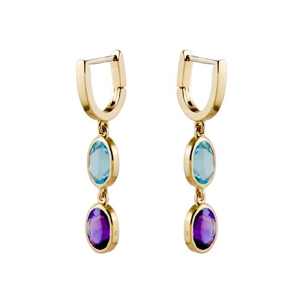 18K Yellow Gold Blue Topaz and Amethyst Earrings