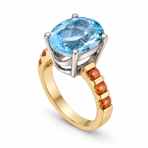 18K white and yellow gold Aquamarine and Garnet ring