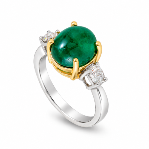 18k Yellow and White Gold Colombian Cabochon Emerald and Diamond Ring