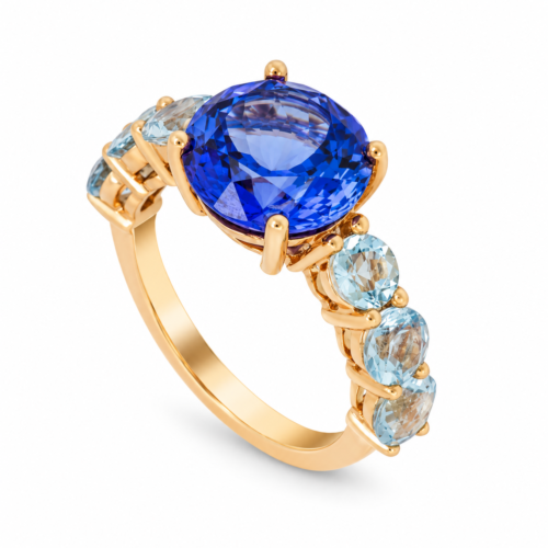 Yellow Gold Aquamarine Tanzanite Ring