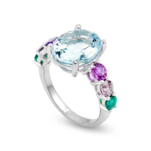 White Gold Emerald Sapphire Aquamarine Ring