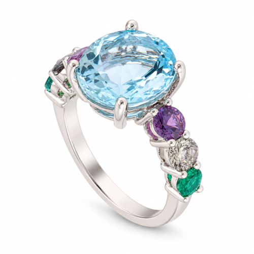 White Gold Emerald Sapphire Aquamarine Ring