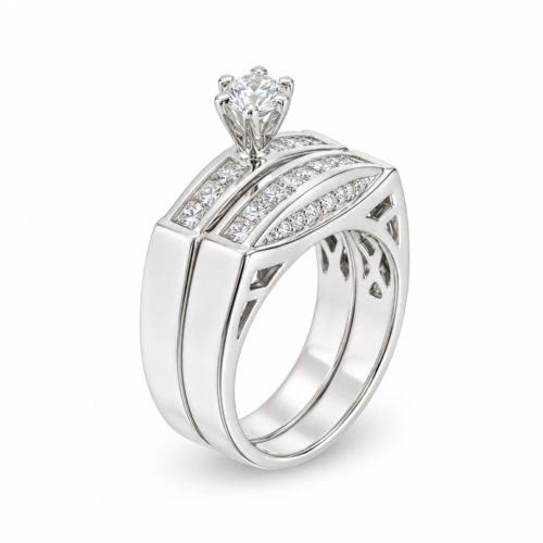 18K White Gold Diamond Solitaire & Band Set