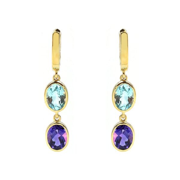 18K Yellow Gold Blue Topaz and Amethyst Earrings - Image 2